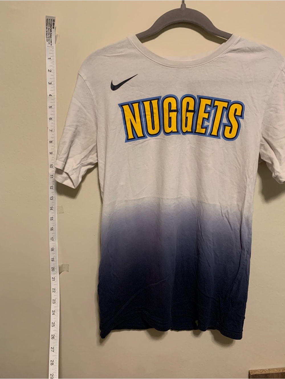 Nike White to Navy Ombre Denver Nuggets Tee with Yellow & Blue Lettering